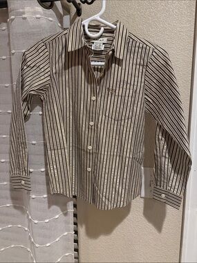 Ariat Girl’s Vertical Stripe Button-Up Shirt in Beige and Black